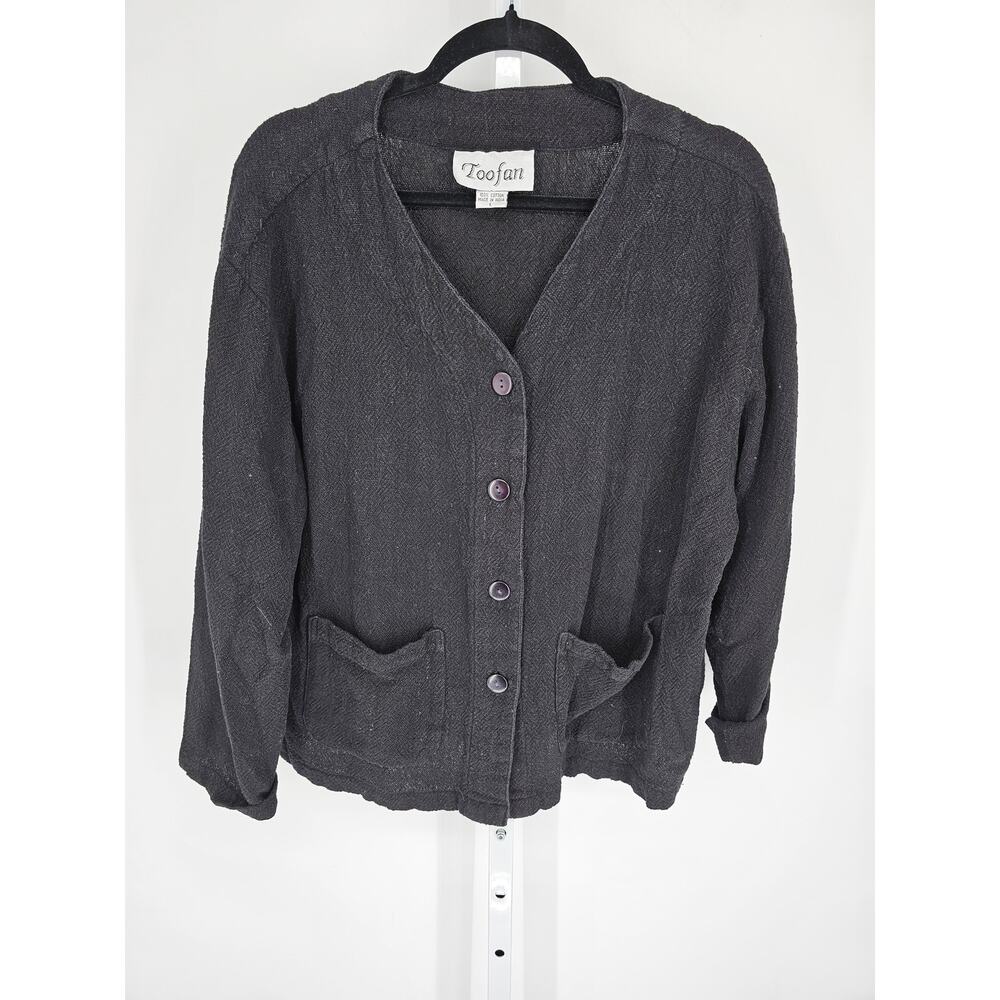 Vtg 1990s Toofan Womens Sz L 100% Cotton Long Sleeve Cardigan Sweater Black